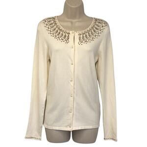Belldini Ivory Beaded Neckline Cardigan Sweater Gold White Sparkly Beading